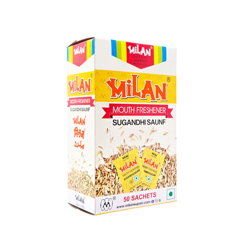 MILAN SUGANDHI SAUNF - 1 box (50 sachets) - Fresh & Fragrant - Breath Freshening Digestive - Traditional Spice & Proprietary Blend