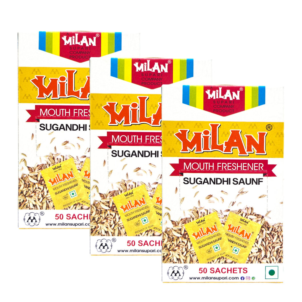 MILAN SUGANDHI SAUNF - 3 boxes (150 sachets) - Fresh & Fragrant - Breath Freshening Digestive - Traditional Spice & Proprietary Blend - Free Shipping