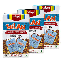 Load image into Gallery viewer, MILAN MEETHA - Mouth Freshener - Crisp, Cool &amp; Sweet Flavour - Freshens Your Breath - No Supari - FREE SHIPPING - 3 Boxes (75 sachets)