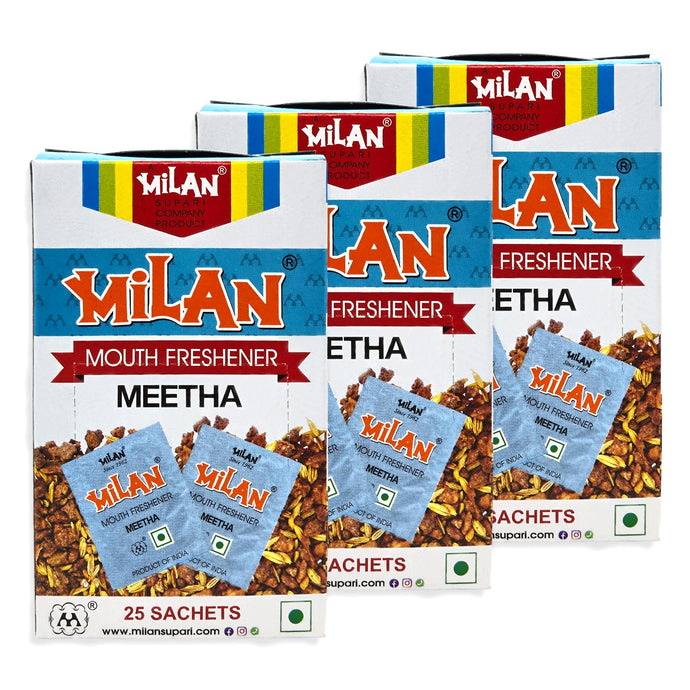 MILAN MEETHA - Mouth Freshener - Crisp, Cool & Sweet Flavour - Freshens Your Breath - No Supari - FREE SHIPPING - 3 Boxes (75 sachets)